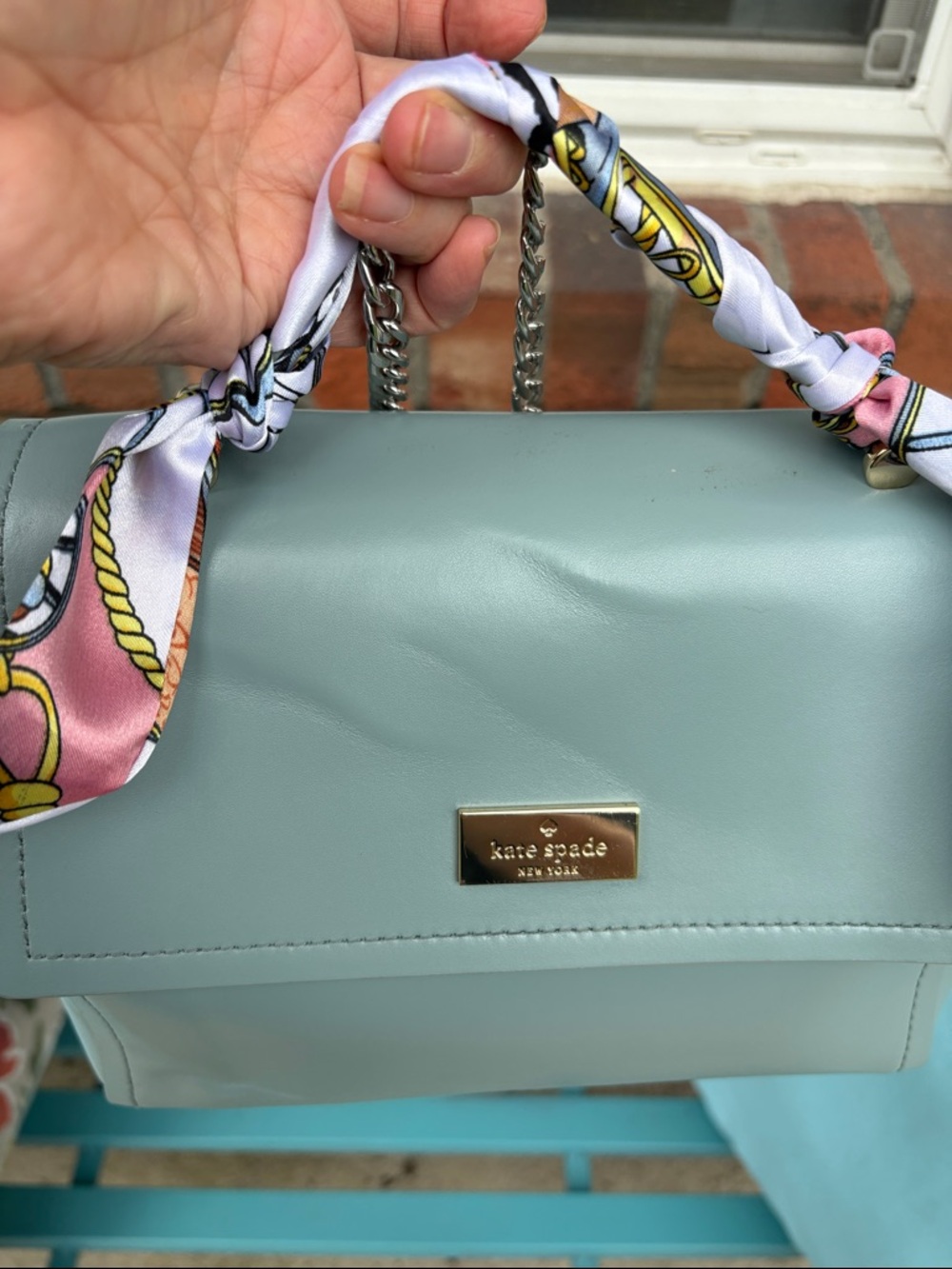 Kate Spade slate blue bag with Scarf-Wrapped Handle and silver chain crossbody. - Picture 8 of 13
